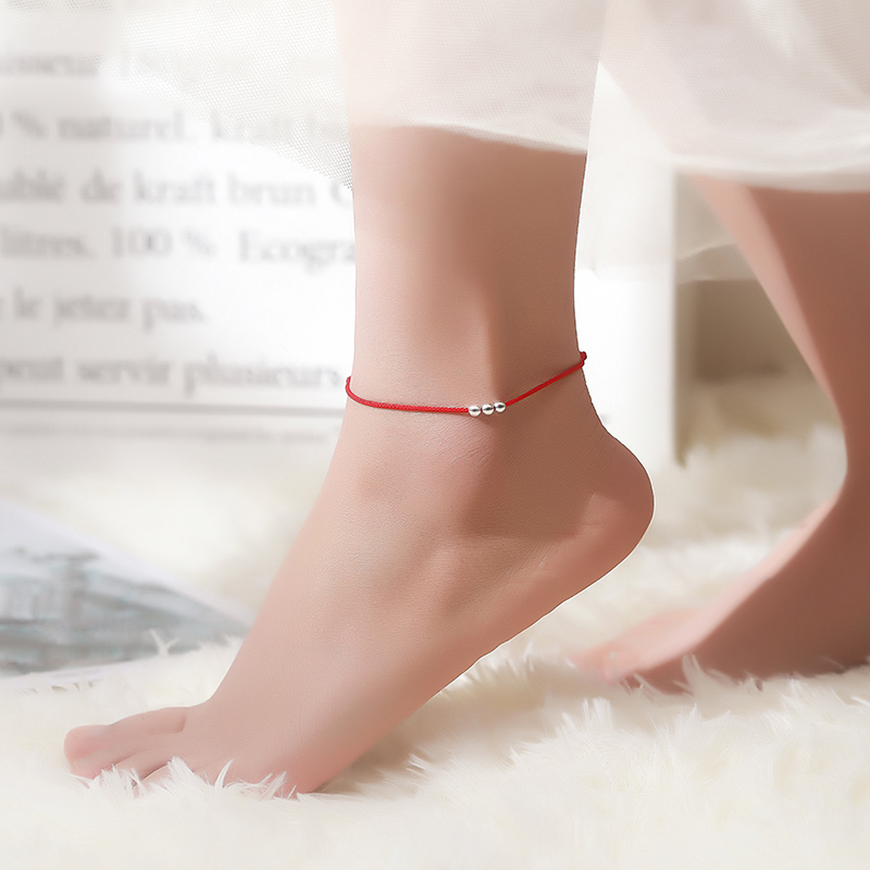 锦绳缘925银脚链女红绳手链银珠古风简约情侣脚绳手工编织圆珠手绳