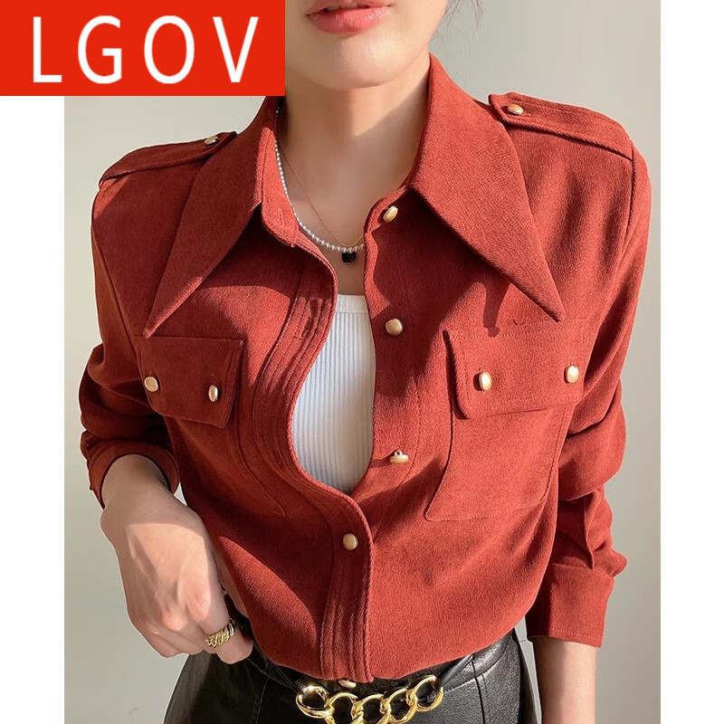 lgov砖红色灯芯绒衬衫女春秋2024新款磨毛叠穿长袖衬衣设计感小众上衣