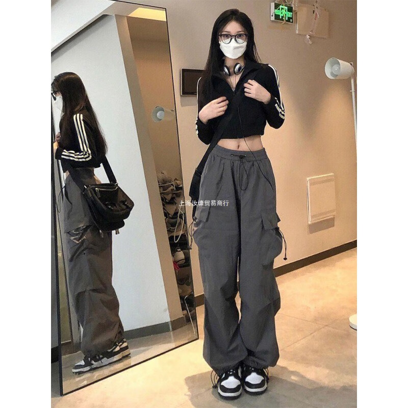 美式复古hiphop嘻哈工装裤女直筒宽松高腰显瘦多口袋运动休闲裤子 灰色 【斜纹原版面料】 S(建议70-95斤)