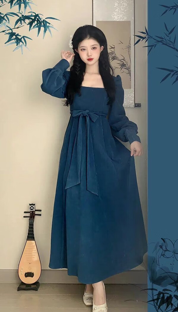 趣士多古风连衣裙中国古风新中式连衣裙女春秋新款法式复古温柔优 湖