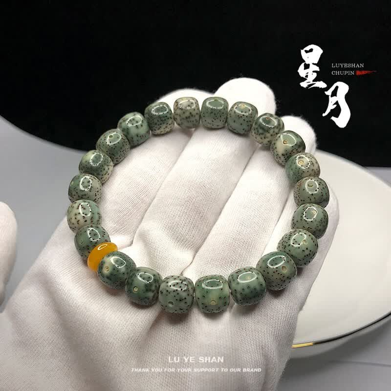 欧梵洛 石玉料星月手串海南原生态翡翠绿阴皮星月菩提男女单圈佛珠 【翡翠绿手串/素串】(10×9mm)