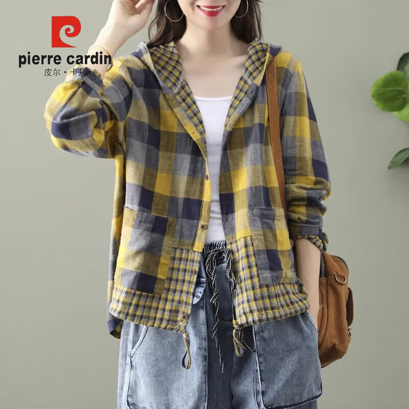 皮尔卡丹品牌女装品牌商场撤柜女亚麻连帽上衣复古格纹长袖棉麻衬衫