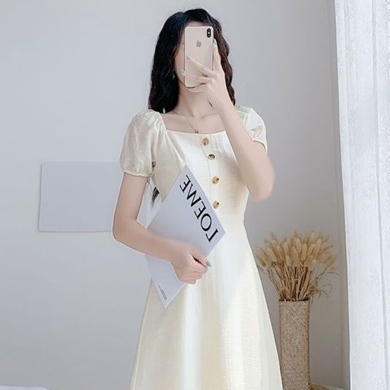 纯色方领气质泡泡袖赫本风初恋小裙子 米白色短袖 xs 胸围80腰围64