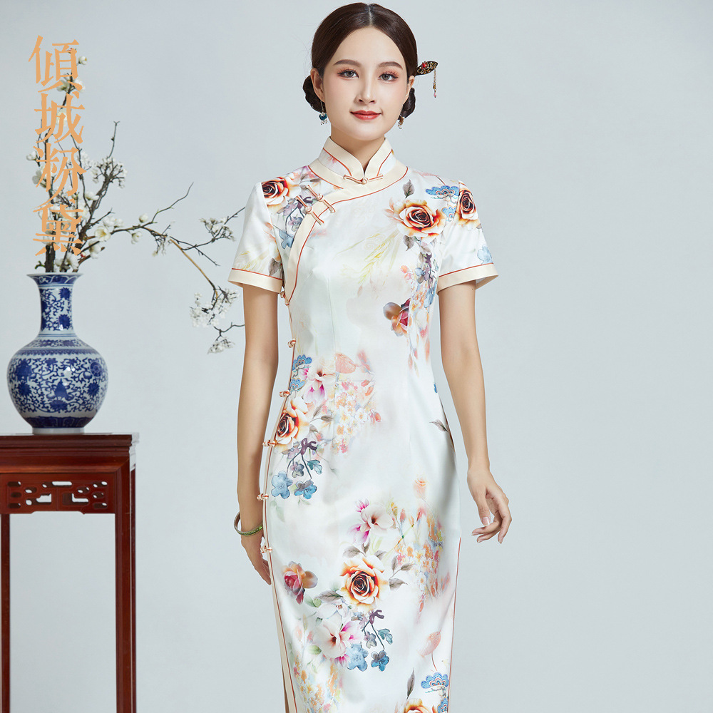 真丝旗袍裙女长款时尚桑蚕丝旗袍秋款中国风复古高端优雅气质日常旗袍