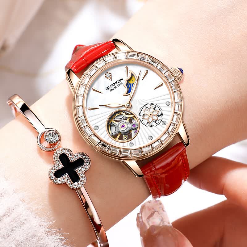 冠琴（GUANQIN）手表女全自动机械表明星同款镂空飞轮女士手表国表礼物送女友老婆 红皮玫金白面（女神气质）
