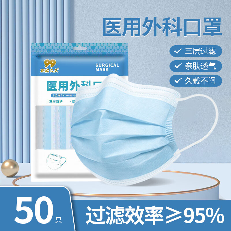 甲流细菌过滤成人医护用口罩 医用外科级【独立包装蓝色】50只/1袋