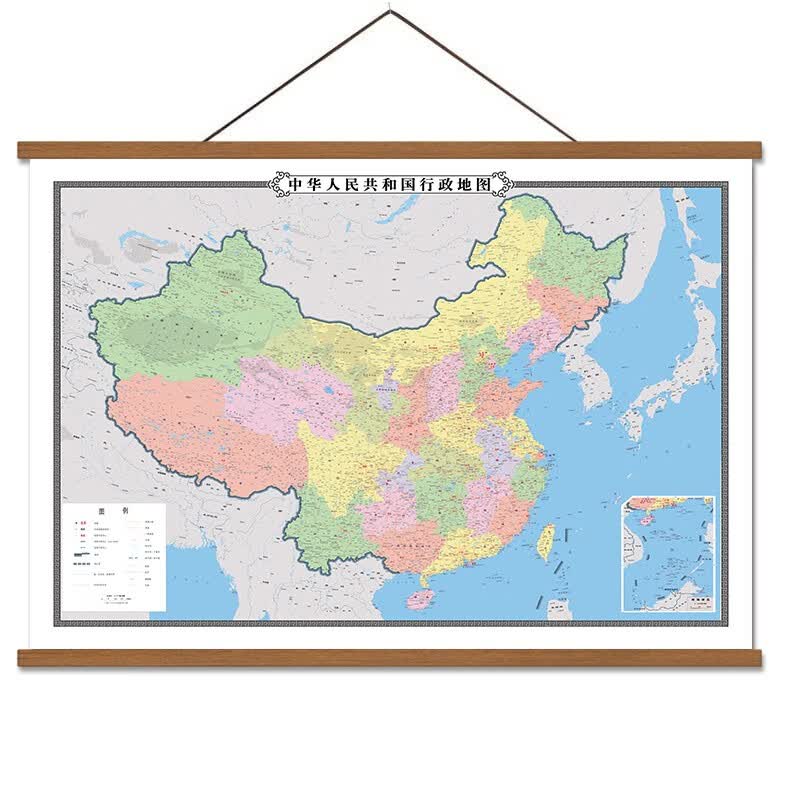 实木复古中国挂图地图世界办公室书房客厅装饰画墙面挂墙壁 蓝色海洋中国地图 单幅价格+120x80cm+金丝柚木框+防水油画布