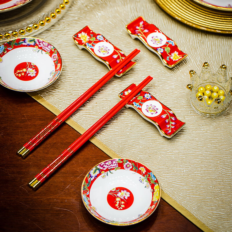 曼远景德镇珐琅彩餐具套装商用送礼物骨瓷家用米饭碗汤面碗高档礼品碗 虞美人富贵白 38件套