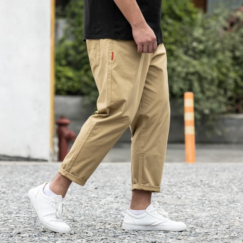 陆栈卡其色男裤大码300斤春夏薄款休闲裤九分男宽松直筒胖子9分弹力肥
