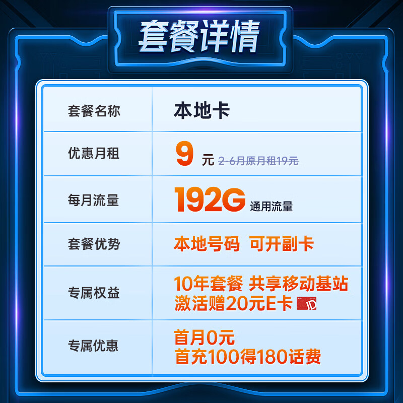 中国广电大流量卡9元低月租192G纯通用信（移动基站）5G手机卡电话卡长期上网无忧卡