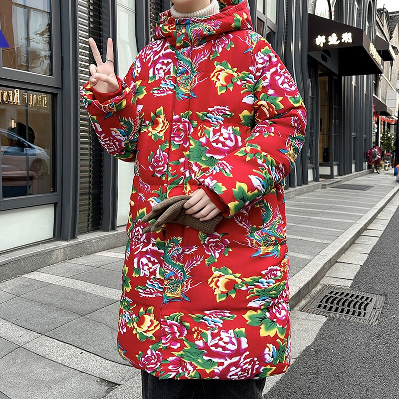 独角酷东北大花棉袄男国潮牡丹花棉服冬季长款网红抖音同款农村喜庆