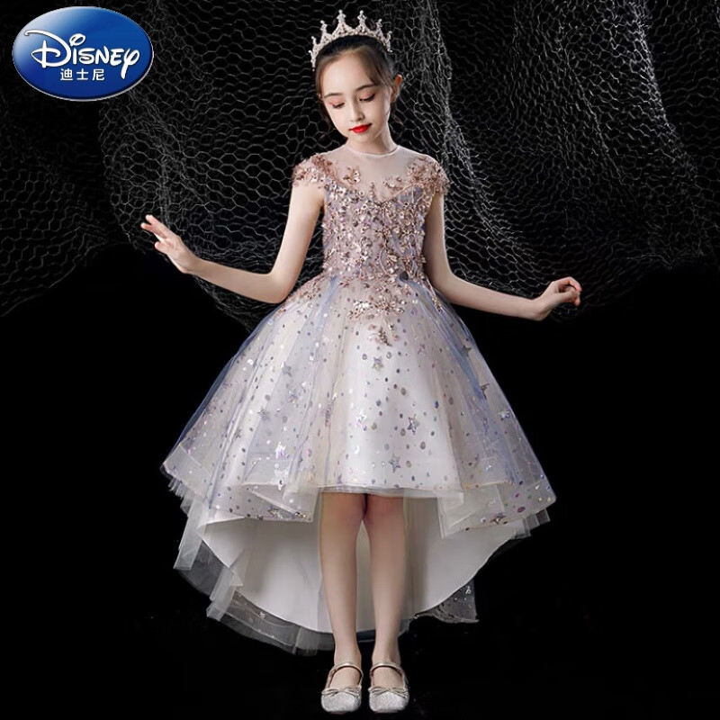迪士尼（Disney）童裝女童兒童高端晚禮服秋公主裙蓬蓬紗小女孩花童主持人鋼琴演出 015高貴藍(lán)前短后長無袖 110