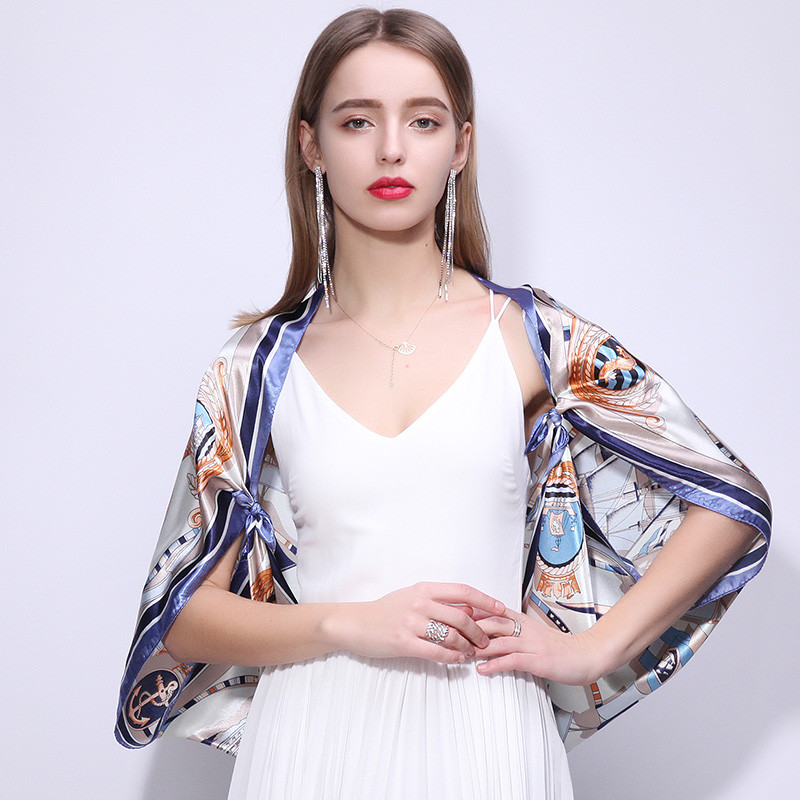 达芬奇密码 春秋季薄款大方巾女韩国百搭丝巾空姐领巾外搭防晒 桑海远航 水蓝