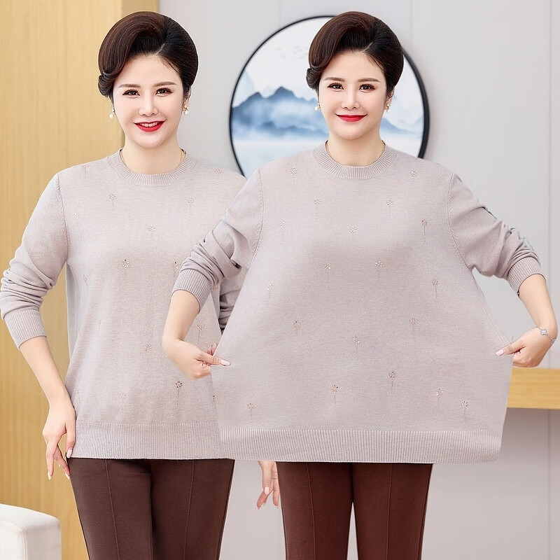 榄舍胖妈妈薄款针织打底女衫秋冬季中老年加肥大码200斤宽松圆领毛衣 红色【A01#】 6XL 建议180-200斤