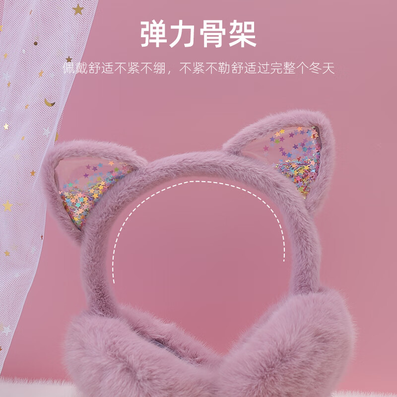 广月蓝可爱小猫耳罩儿童冬季保暖加绒可折叠仿兔毛加厚女童护耳暖捂耳套 流沙猫耳朵-粉色（4-12岁）