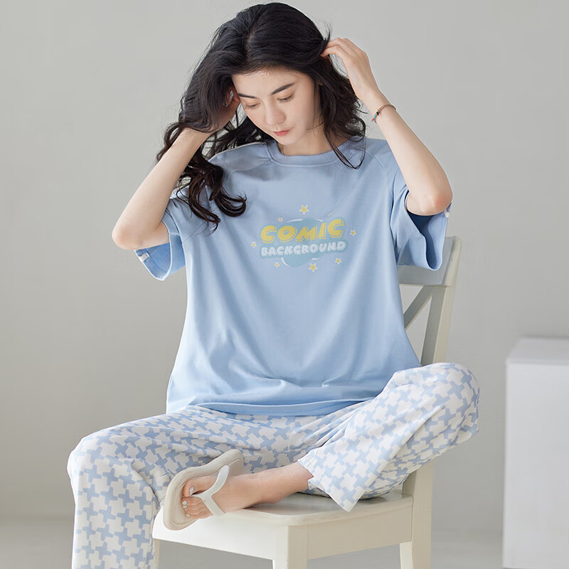 莫代尔睡衣女夏季100%纯棉短袖长裤2026新款夏天全棉女士家居服套装 N1358【主图-100%纯棉款】 L 【建议100-120斤】 现货现发