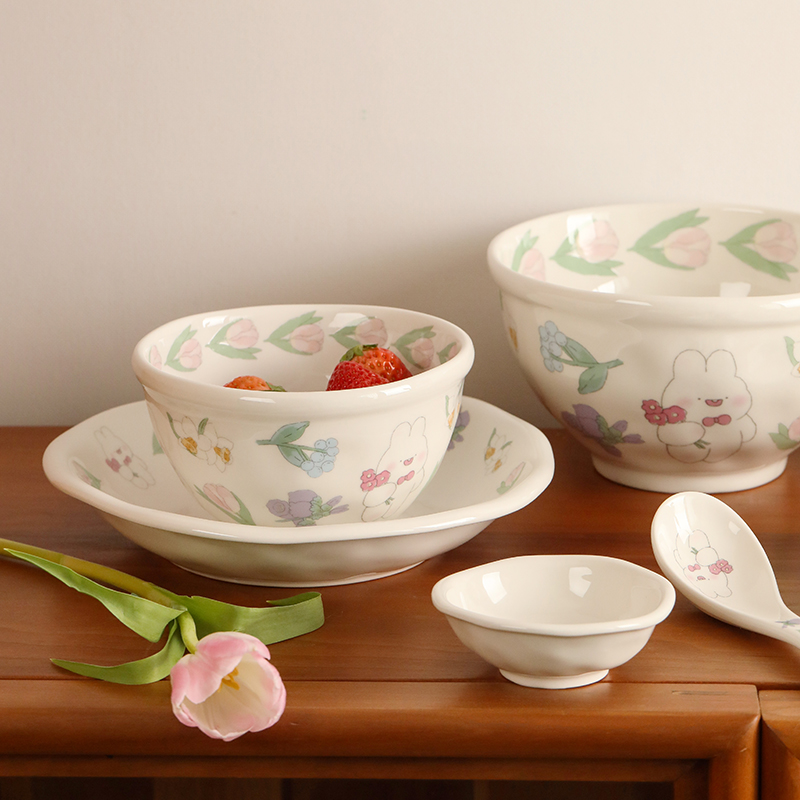 蓝莲花蓝莲花茉茉兔大碗面碗可爱儿童吃饭碗餐具家用个人陶瓷碗盘碟组合 6.7寸汤碗