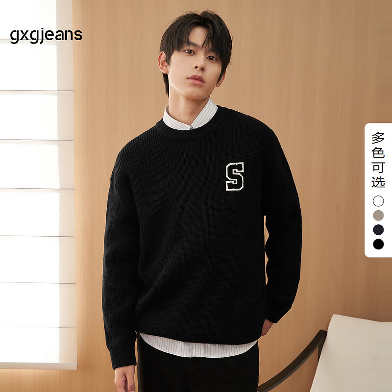 gxgjeans男装 2024年冬季毛巾绣字母毛衣圆领针织衫 4色可选 黑色-1 180/XL