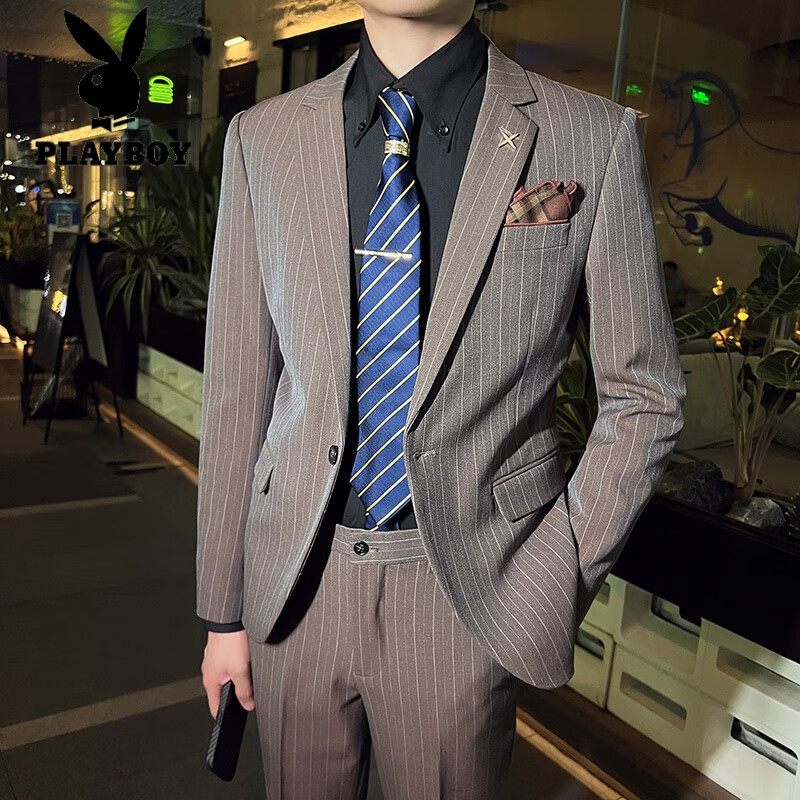 结婚婚礼男士休闲西服帅气潮流商务正装 咖啡色一粒扣(西装 西裤 衬衫