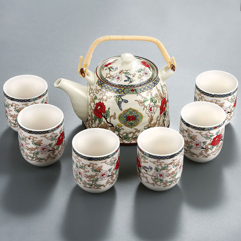 茶具套装整套青花瓷凉水壶茶杯大容量过滤提梁泡茶壶 七件套花鸟茶壶