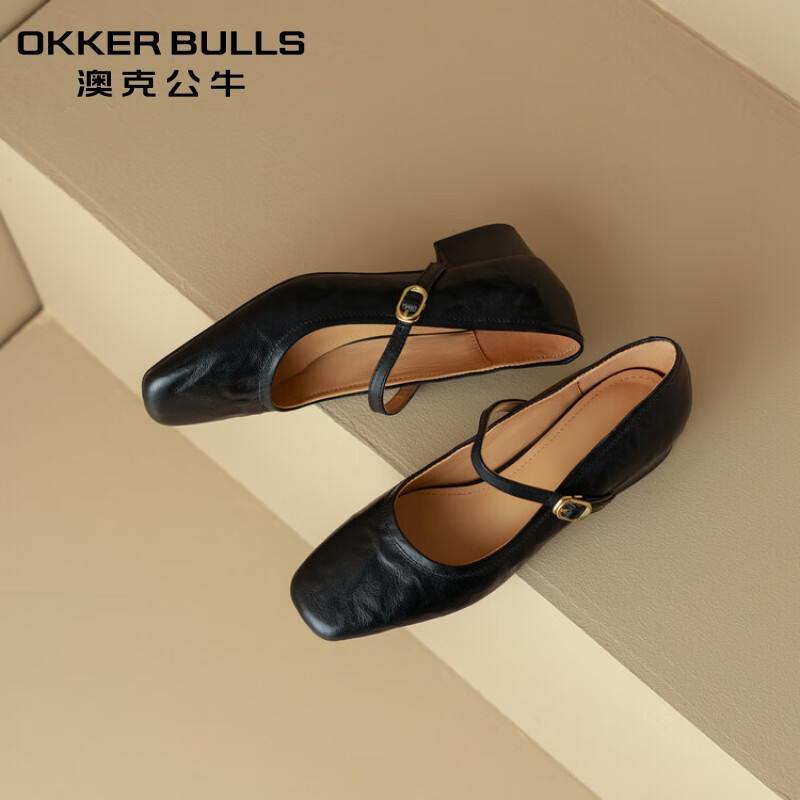 澳克公牛(okker bulls)2024年新款春季一字带软皮方头百搭玛丽珍女鞋