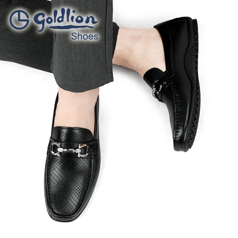 金利来(Goldlion)凉皮鞋男 夏季冲孔男士豆豆鞋 圆头镂空休闲凉鞋 软皮套脚乐福鞋 黑色 42