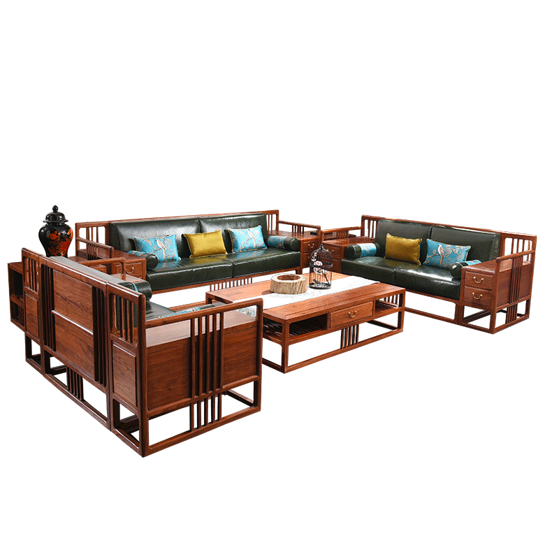 品木客 红木家具非洲花梨(学名:刺猬紫檀)新中式实木沙发组合客厅整装豪华现代简约别墅沙发大户型真皮沙 沙发六件套(1+1+3+2边几+1大茶几)