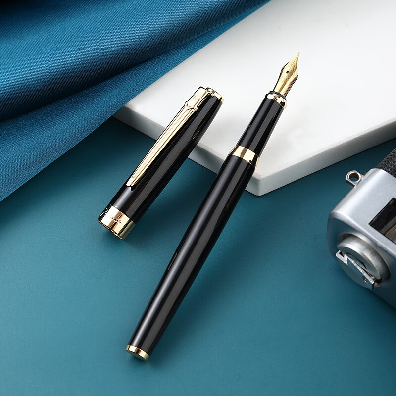 毕加索(Pimio)钢笔717曼陀林系列财务钢笔弯尖书法练字美工笔男女士商务礼盒办公签名笔节日礼品免费刻字 亮黑银夹 明尖/直尖钢笔【0.5mm】