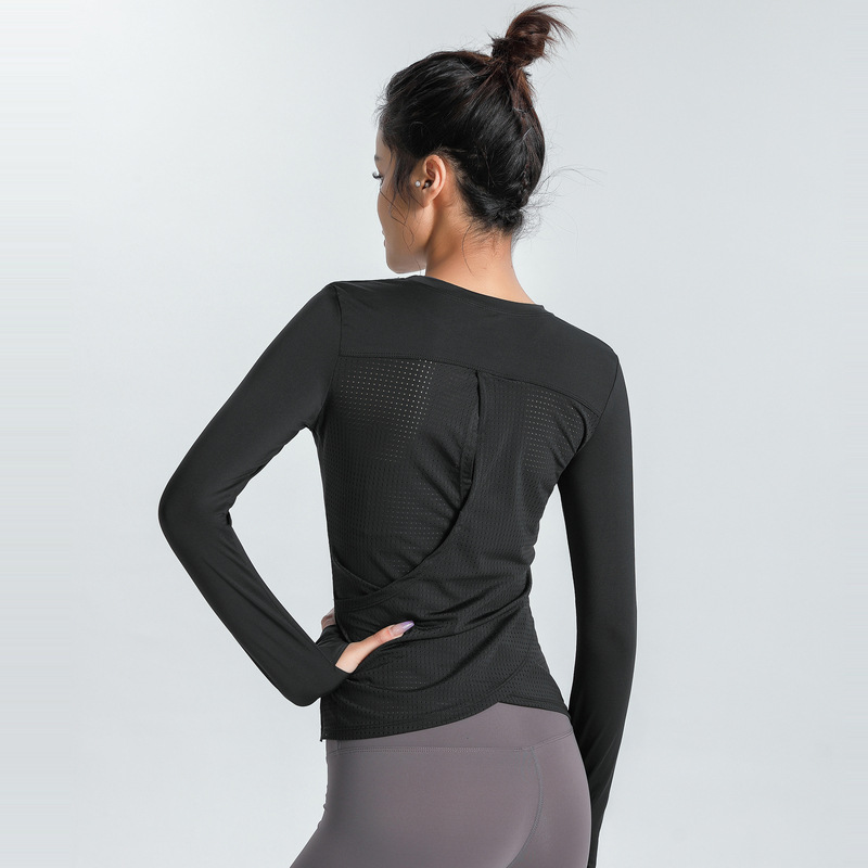 健身房瑜伽服长袖女秋季速干运动上衣紧身跑步训练T恤 黑色 S