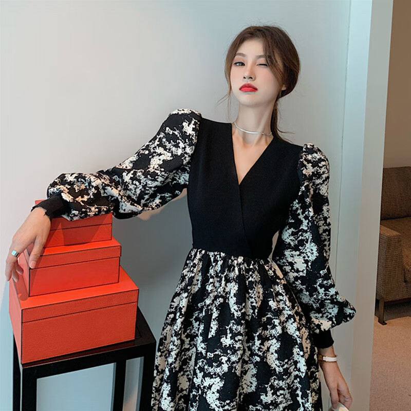 anna)大尺码女装收腰显瘦赫本风连衣裙女妹复古气质拼接碎花过膝长