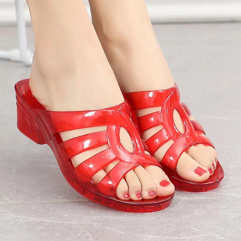 穿的熟胶拖鞋女水晶塑料鞋塑胶果冻鞋拖鞋女坡跟春夏室内浴室 红色 36