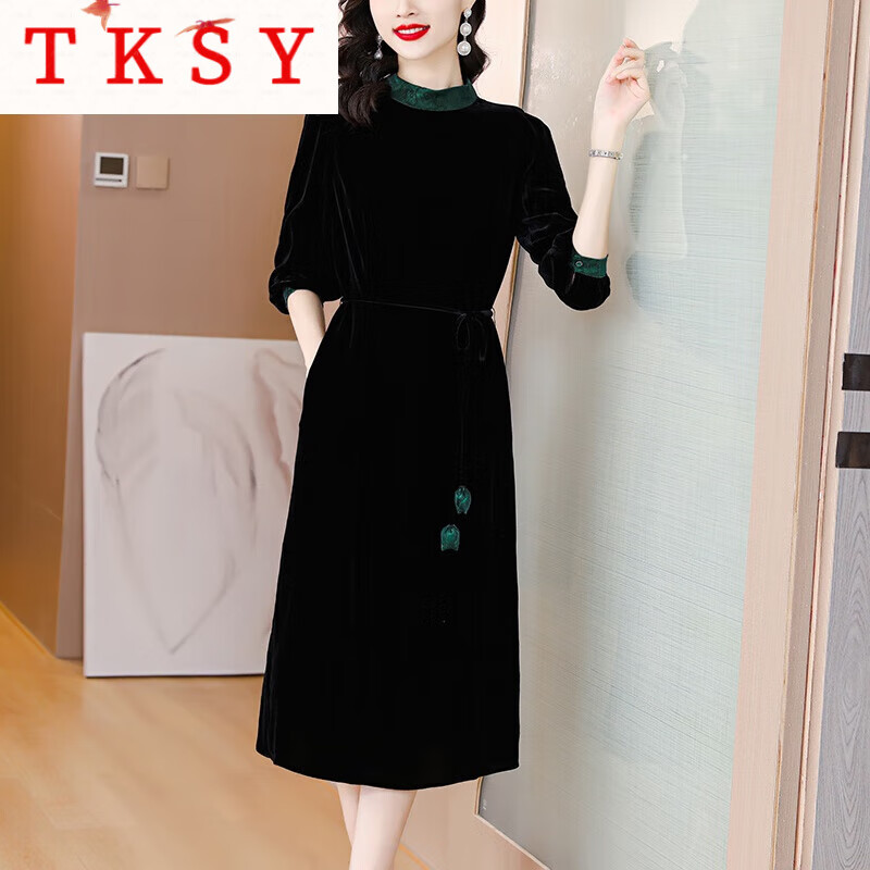 TKSY杭州真絲金絲絨連衣裙女貴夫人洋氣黑色裙子長袖時尚桑蠶絲裙 黑色 2XL 125-135斤