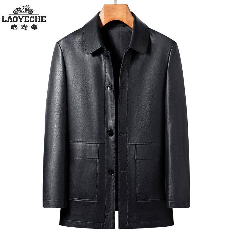 老爷车皮衣男真皮秋季海宁绵羊皮中老年加绒皮夹克爸爸装扣子款翻领