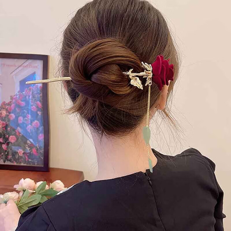 弥俏红色流苏发簪古风盘头发簪子步摇女士简约现代丸子头发钗子头饰品