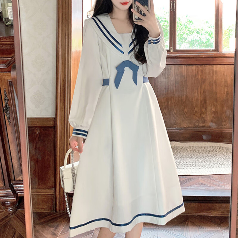 朦胧杏高中生成人礼服女收收腰连衣裙装海领学院风白色洛丽塔裙子夏季