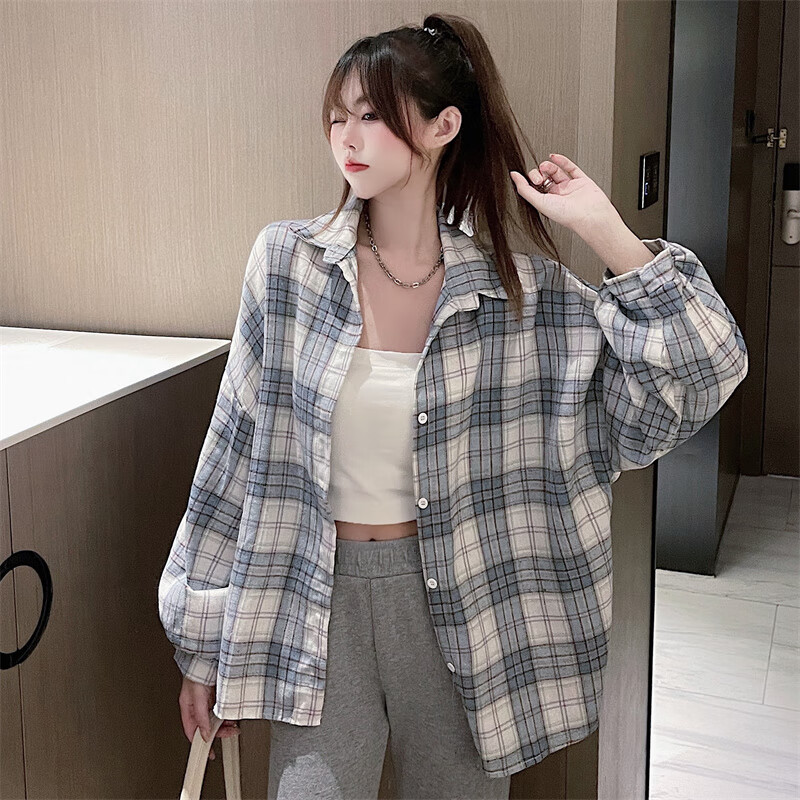 雷黛茜格子衬衫外套女春秋季新款时尚宽松显瘦慵懒BF风polo领中长款上衣 蓝白格子 S