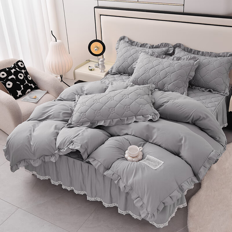 诸禄家纺 床笠式床裙二合一四件套A类原棉夹棉床罩床围裙四季2025新款 太阳花-夜灰 床裙款 2.0m四件套