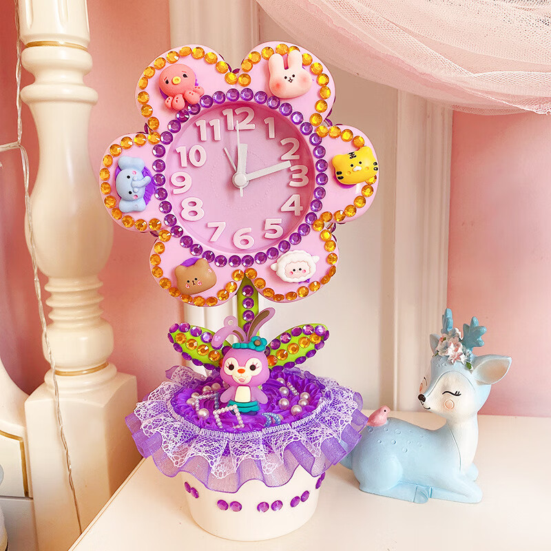 手工制作钟表玩具材料包3-6岁幼儿园认识时间教具 紫色兔子 闹钟(全套