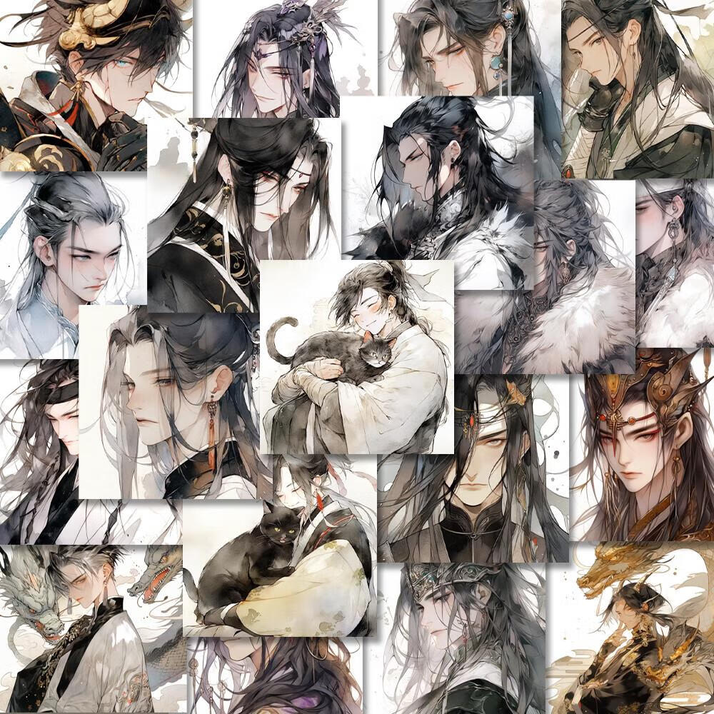 手帐贴纸古风人物帅哥54张中国风唯美少年贴纸古风氛围感帅哥插画 54