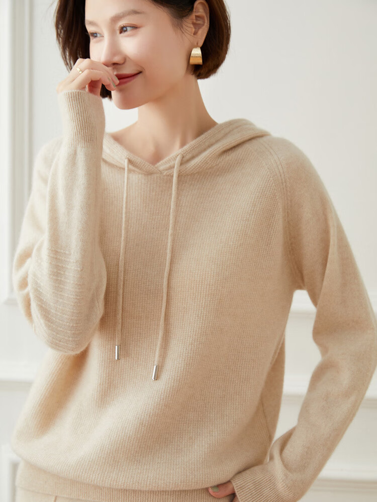 古曦朵（GUXIDUO)轻奢品牌高端休闲连帽羊绒衫女套头2022秋冬韩版宽松显瘦内搭毛衣针织卫衣 青绒色 M