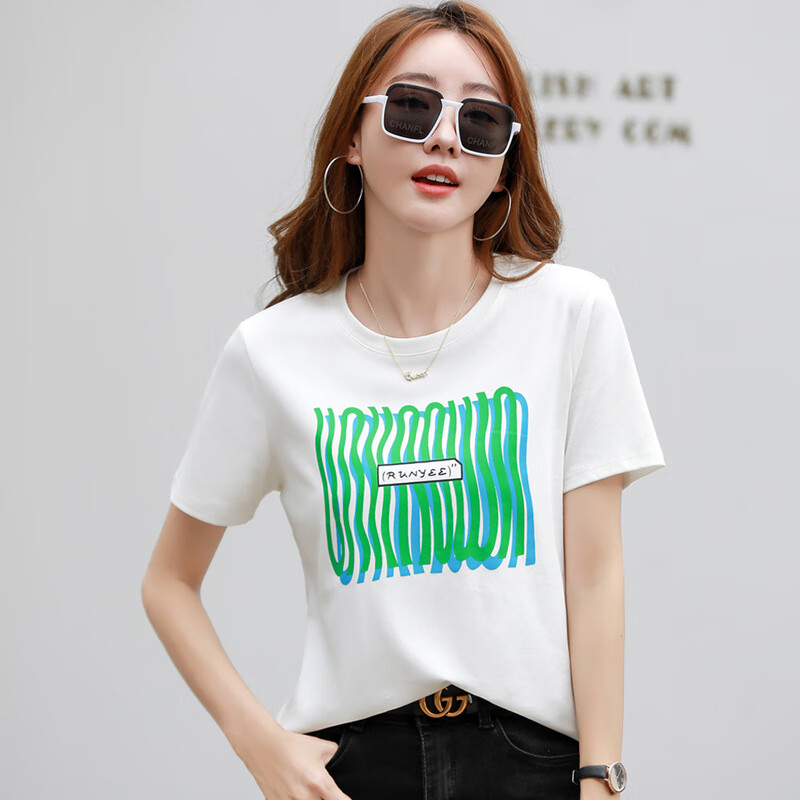 jienise优衣官方依库印花圆领短袖白色t恤女2024夏季新款设计感洋气