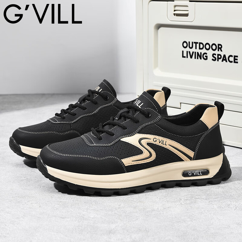 贵之步新款百搭2026男士夏季镂空运动鞋打孔透气厚底防滑百搭休闲健步鞋 黑杏[镂空透气] G1705 42 （皮鞋码）