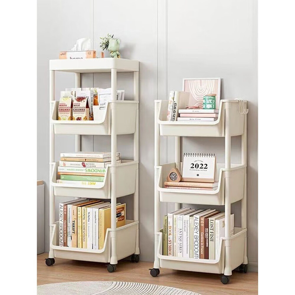 小推车置物架家用零食落地多层客厅收纳书架移动厨房果蔬菜篮架子 3层白-开口款【带挂钩+滑轮】 现货