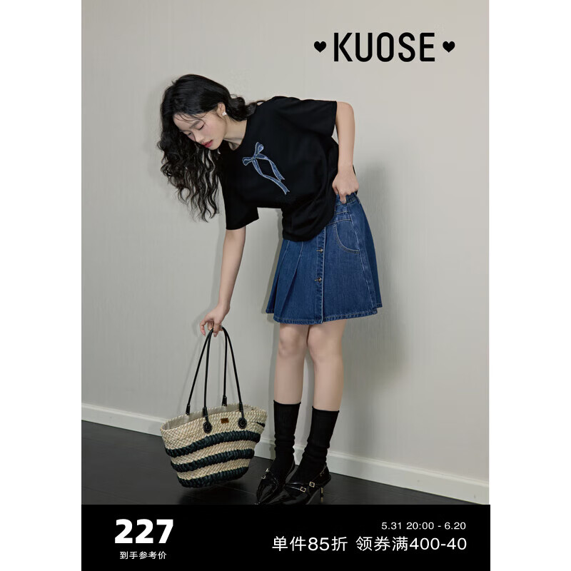 阔色（kuose）美式复古高腰百褶裙裤牛仔裤女2024春夏新款小个子设计感短裤 深蓝色 27/M