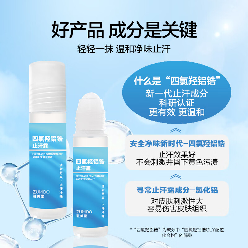 驻美堂四氯羟铝锆止汗露走珠腋下止汗除臭无香型去异味臭腋臭男女士专用 四氯羟铝锆20ml 蓝