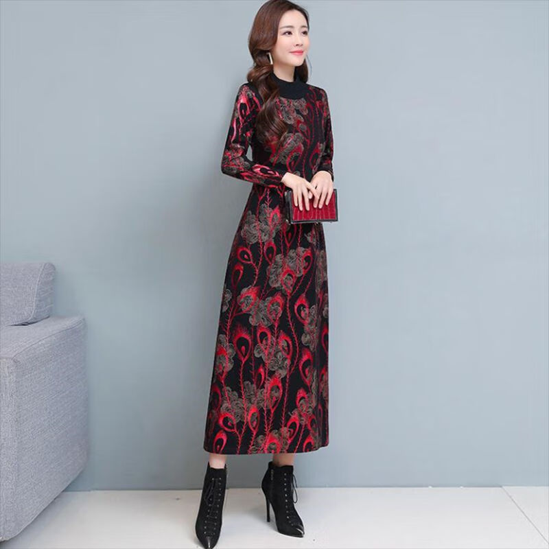 冬天穿的带绒加厚保暖中长裙女士连衣裙秋冬季加厚连衣裙女过膝长款