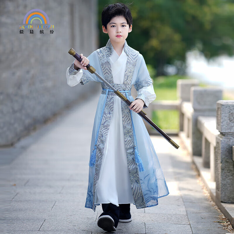 似晨缤纷汉服男童秋季薄款儿童长袖古装古风武侠客唐装 蓝色130属于什么档次？