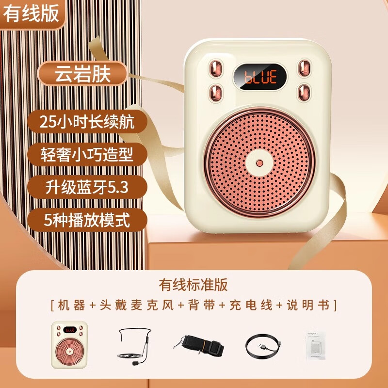 雅兰仕小蜜蜂扩音器蓝牙教师导游会议促销场景专用无线耳麦麦克风大音量喇叭上课用喊话机 云岩肤有线【TypeC快充+智能降噪