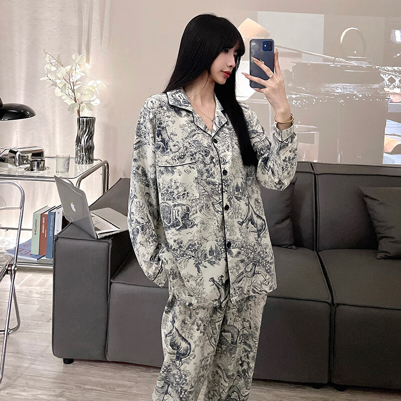 萧淑妃 春秋季新款薄款冰丝绸开衫情侣睡衣休闲可外穿可爱卡通米奇仿真丝长袖长裤家居服套装 水墨画 男生XXL码