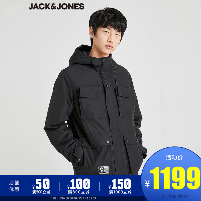 JackJones杰克琼斯冬季男工装潮流连帽保暖运动棉服外套220409013 E40黑色 180/100A/L